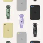 Various colored smart devices and wearables with minimalist design, arranged in a grid pattern on a light background.