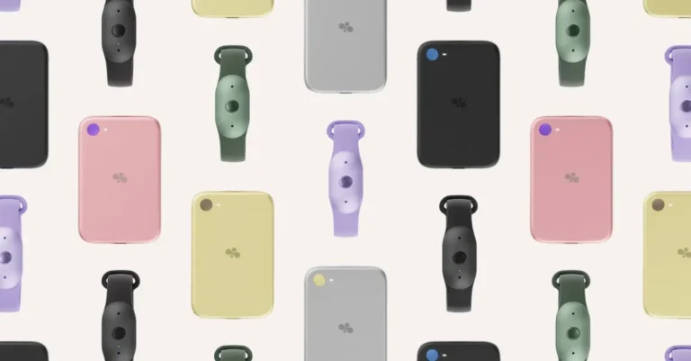 Various colored smart devices and wearables with minimalist design, arranged in a grid pattern on a light background.