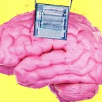 Pink brain with a microchip implant on a yellow background, grid lines overlaying the image