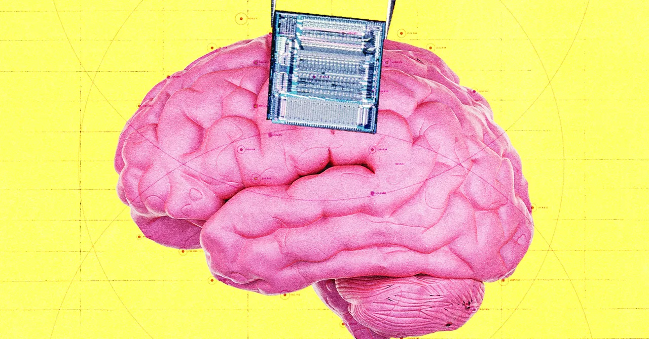 Pink brain with a microchip implant on a yellow background, grid lines overlaying the image