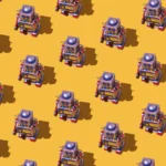 Rows of colorful toy robots on a yellow background