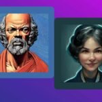 Illustrated portraits of two figures side by side on a purple gradient background, with character.ai logo in the corner.