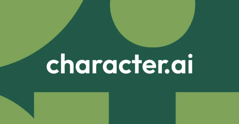 Character.ai logo with white text on a green background featuring abstract shapes