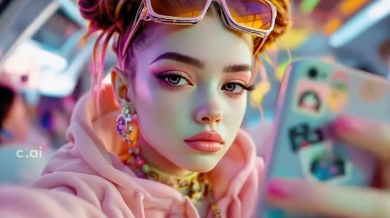 Woman with colorful makeup and accessories taking a selfie, wearing a pink hoodie and sunglasses, phone covered in stickers.