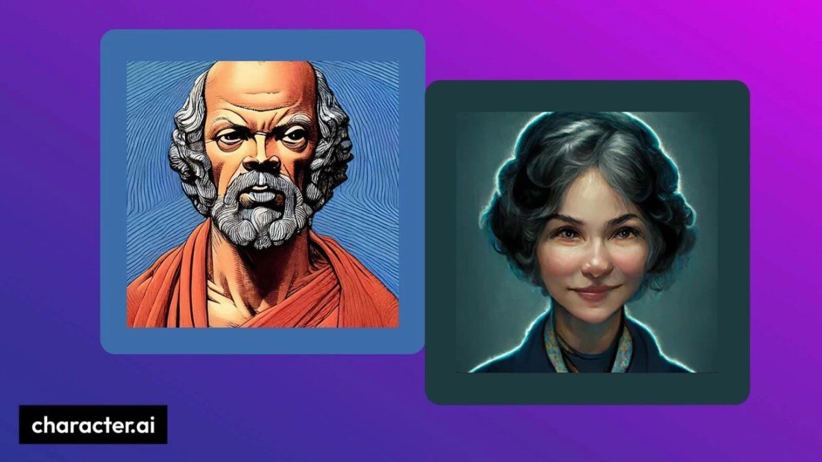 Illustrated portraits of two figures side by side on a purple gradient background, with character.ai logo in the corner.
