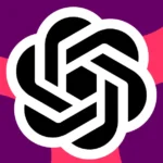 OpenAI logo in black and white on a vibrant purple and pink abstract background.