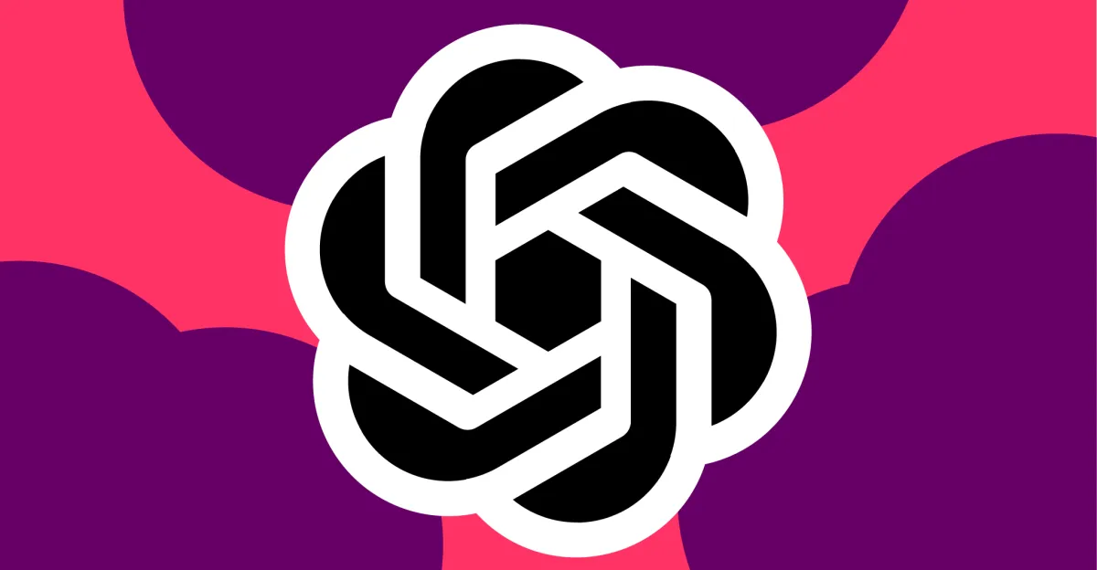 OpenAI logo in black and white on a vibrant purple and pink abstract background.