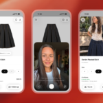 Three smartphones display a denim pleated skirt, virtual try-on prompt, and a model wearing the skirt in front of stairs.