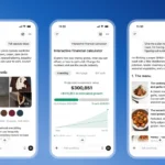 Three smartphone screens display interactive apps: a fall wardrobe planner, financial calculator, and Sunday roast menu pl...