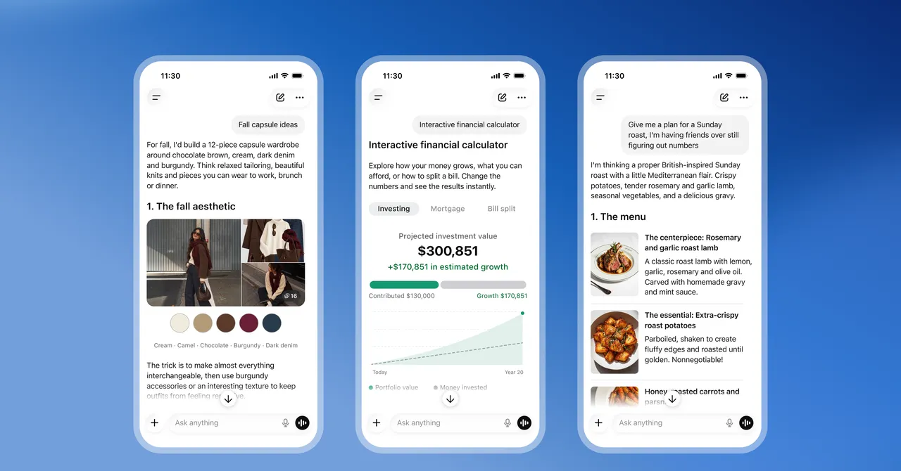 Three smartphone screens display interactive apps: a fall wardrobe planner, financial calculator, and Sunday roast menu pl...