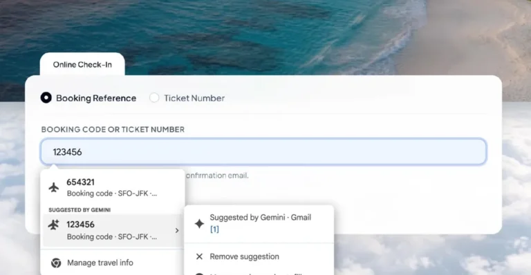 Online check-in form with booking reference autofill suggestions, including booking codes and options to manage travel info.