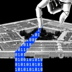 Robotic hand pulling binary code strip from pentagon building, black background