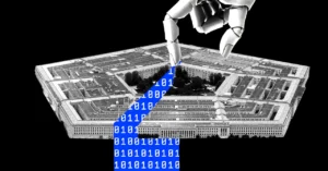 Robotic hand pulling binary code strip from pentagon building, black background