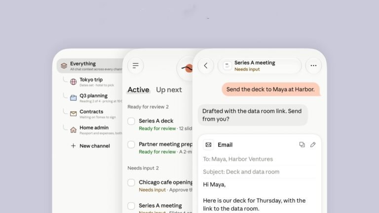 Three digital app interfaces showing tasks, messages, and an email draft with text about sending a deck to Maya at Harbor.