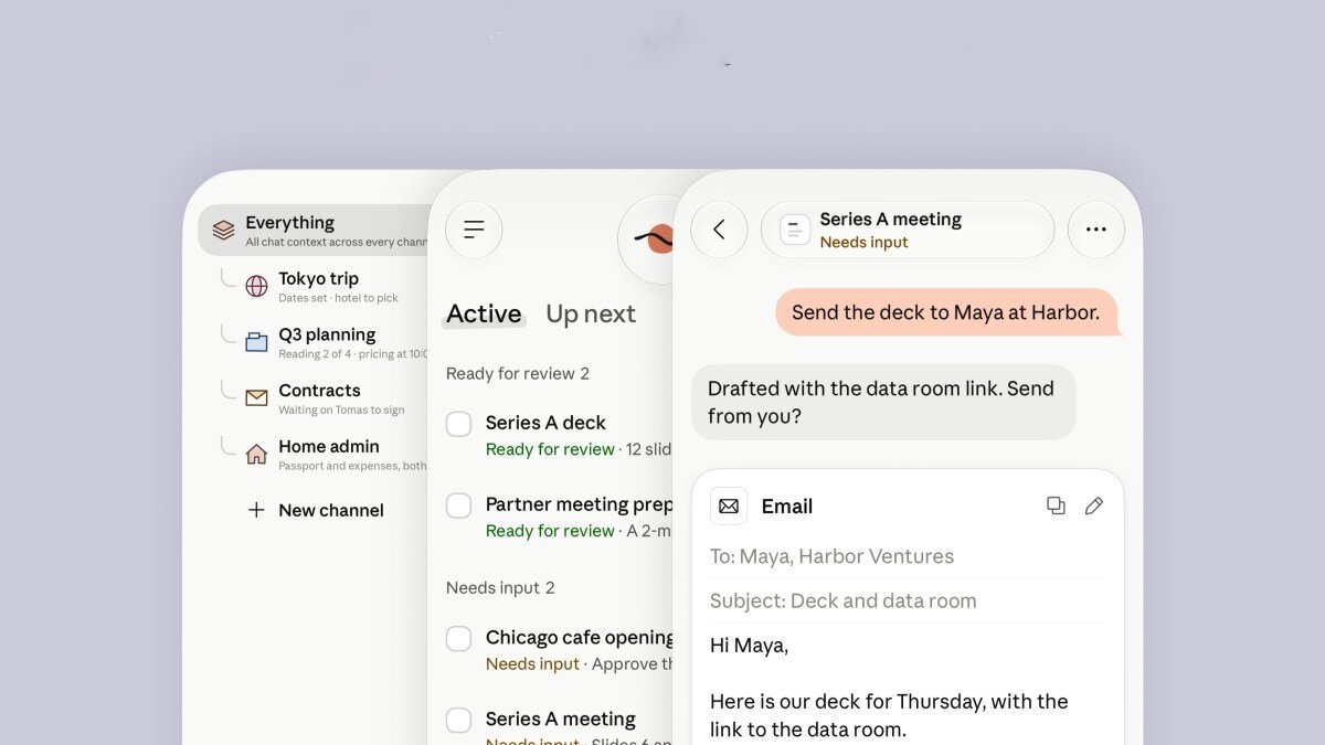 Three digital app interfaces showing tasks, messages, and an email draft with text about sending a deck to Maya at Harbor.