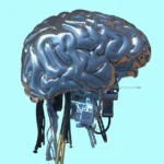 Metallic brain sculpture with cables and electronic components on a light blue background