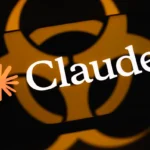 The word "Claude" in white text over an orange biohazard symbol on a dark background.