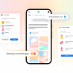 Smartphone interface displaying connected apps like music player, design tool, and grocery shopper with notifications.