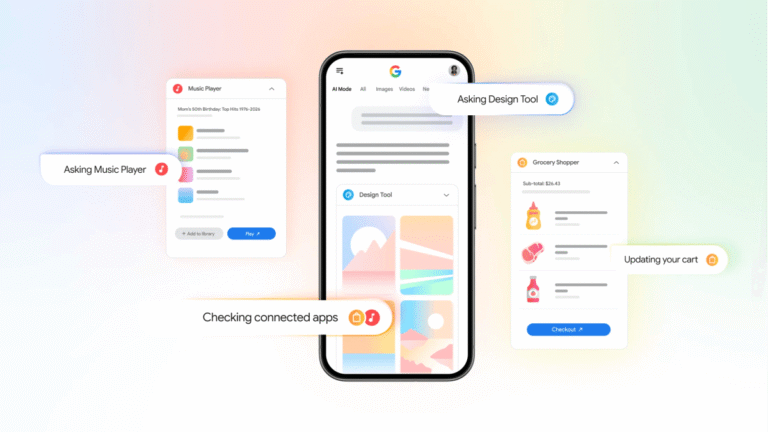 Smartphone interface displaying connected apps like music player, design tool, and grocery shopper with notifications.