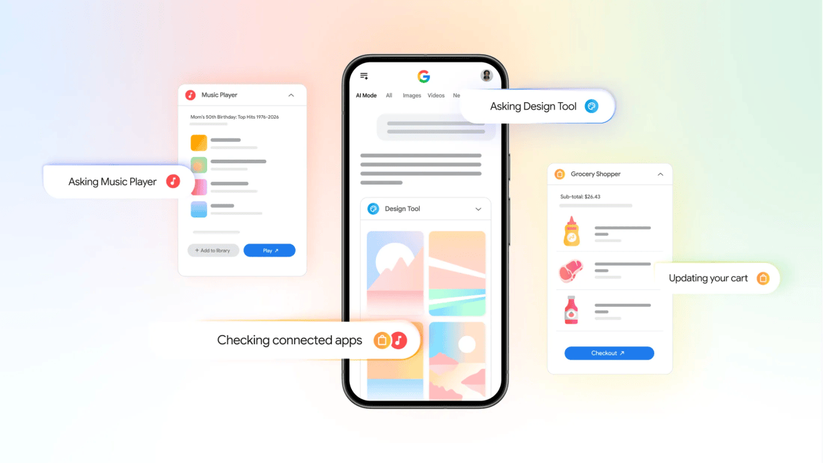 Smartphone interface displaying connected apps like music player, design tool, and grocery shopper with notifications.