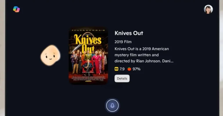 Knives Out movie info on a dark screen, poster, ratings, and a virtual assistant icon.
