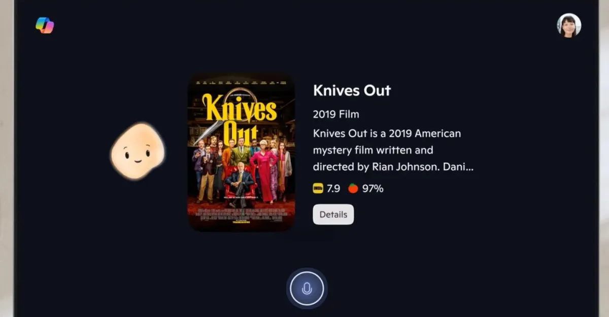 Knives Out movie info on a dark screen, poster, ratings, and a virtual assistant icon.