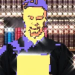 Pixelated figure in a judge's robe holding a document, standing in front of shelves filled with books.