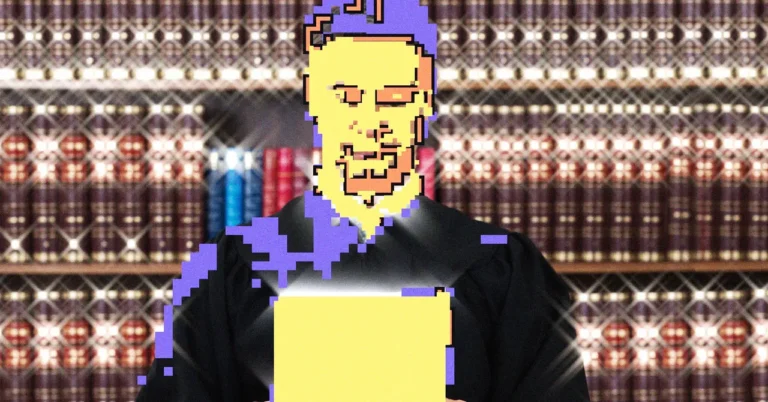 Pixelated figure in a judge's robe holding a document, standing in front of shelves filled with books.