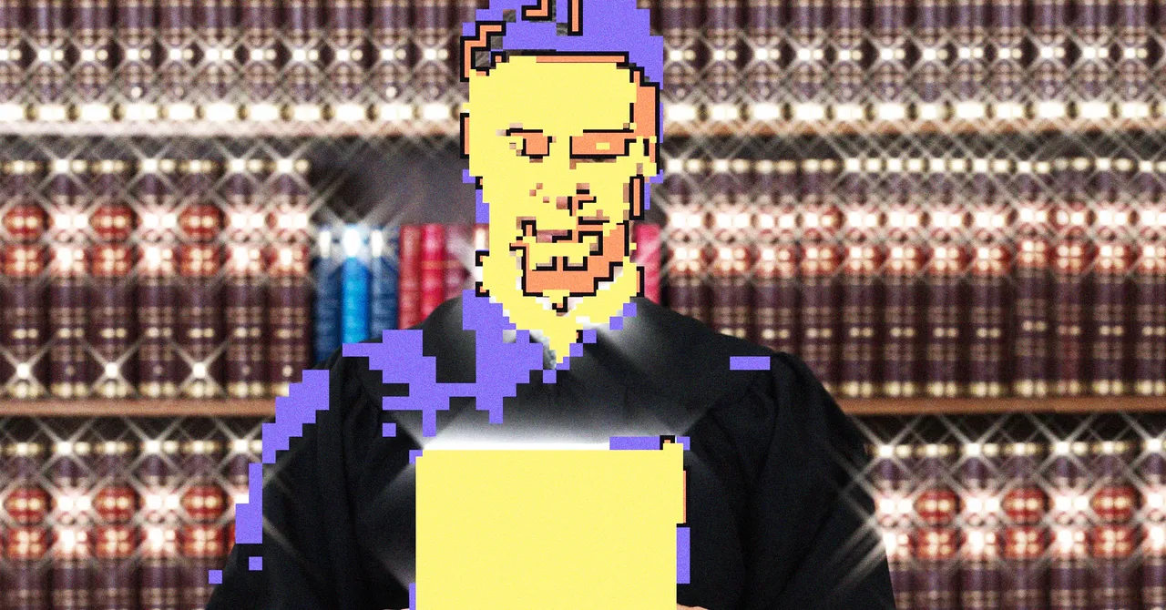Pixelated figure in a judge's robe holding a document, standing in front of shelves filled with books.