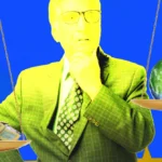 Man in suit pondering, holding scales with chips on one side, Earth on the other, EU flag background.