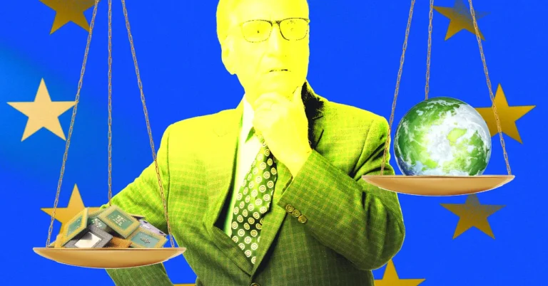 Man in suit pondering, holding scales with chips on one side, Earth on the other, EU flag background.