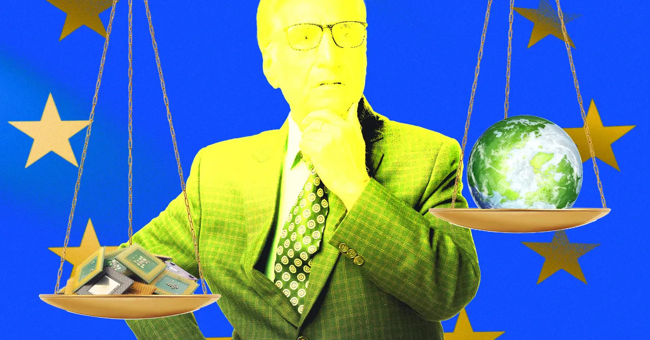 Man in suit pondering, holding scales with chips on one side, Earth on the other, EU flag background.