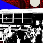 Group of students and an adult standing near a bus against a red and blue abstract background with circular elements.