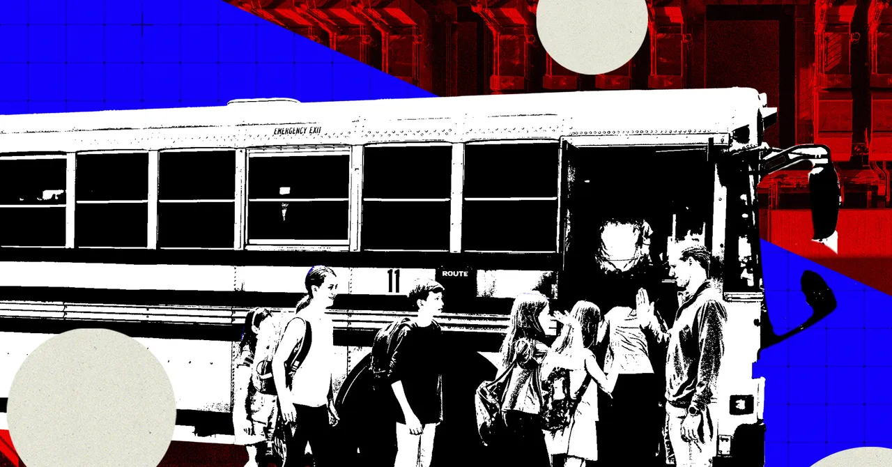 Group of students and an adult standing near a bus against a red and blue abstract background with circular elements.