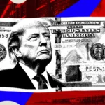 Hundred-dollar bill with a man's portrait, abstract red and blue background, data center imagery.