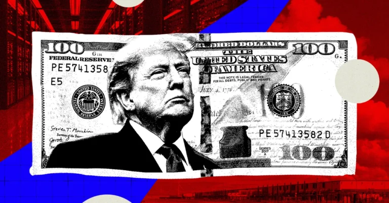 Hundred-dollar bill with a man's portrait, abstract red and blue background, data center imagery.