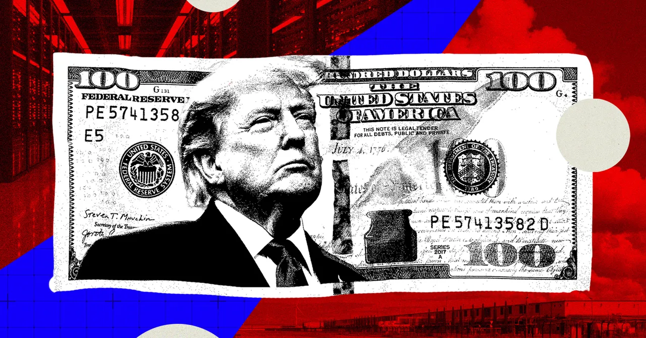 Hundred-dollar bill with a man's portrait, abstract red and blue background, data center imagery.