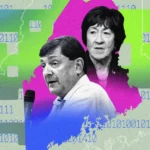 Two people in front of a colorful background with binary code and map outlines, one speaking with a microphone.