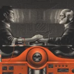 Two figures seated in a futuristic device, holding hands, connected by a cable, with a skull emblem on the console.