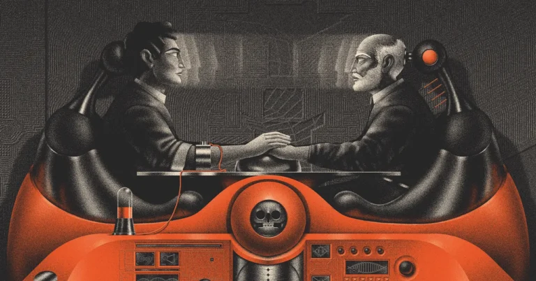 Two figures seated in a futuristic device, holding hands, connected by a cable, with a skull emblem on the console.