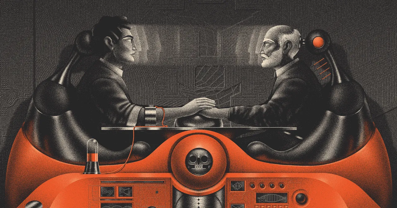 Two figures seated in a futuristic device, holding hands, connected by a cable, with a skull emblem on the console.
