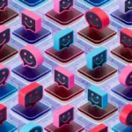 Rows of colorful 3D smiley face icons on layered circuit-like platforms.
