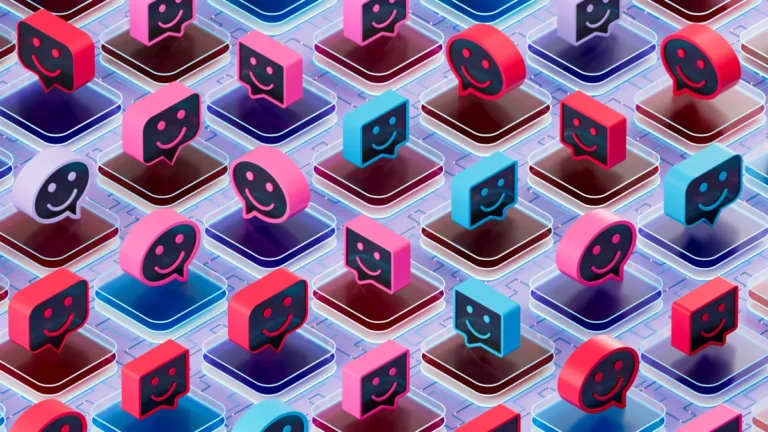 Rows of colorful 3D smiley face icons on layered circuit-like platforms.