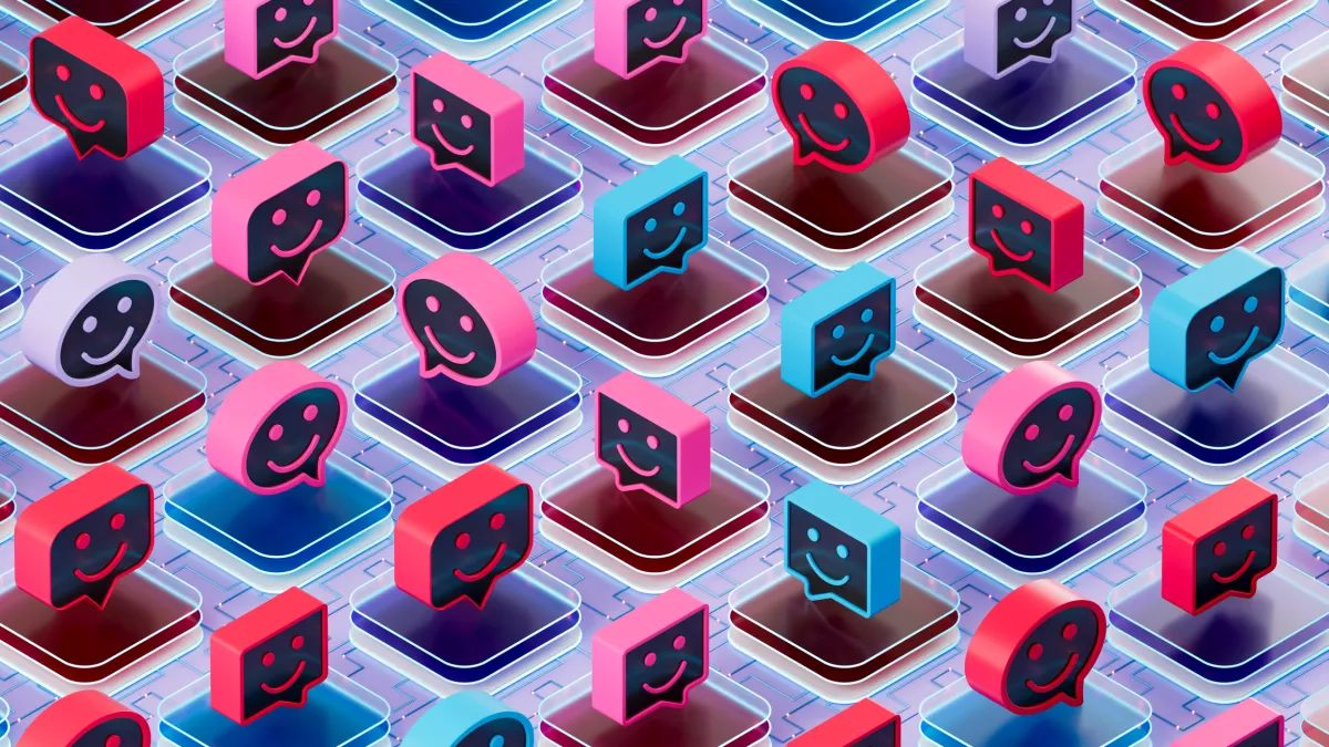 Rows of colorful 3D smiley face icons on layered circuit-like platforms.