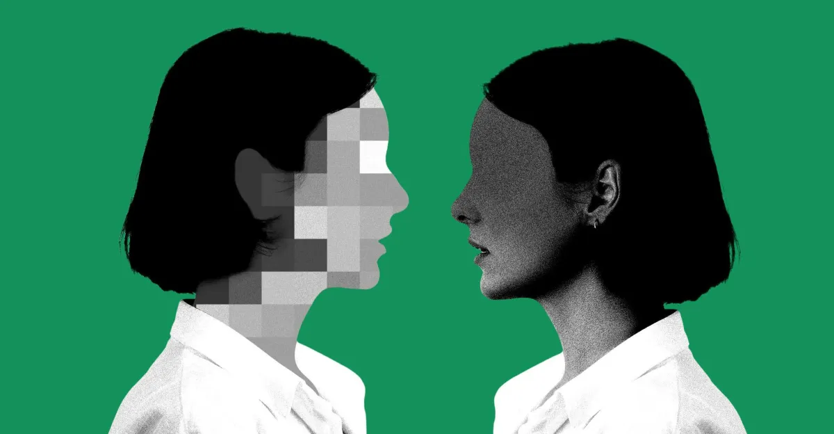 Two women in profile facing each other, one with a pixelated face, against a green background.