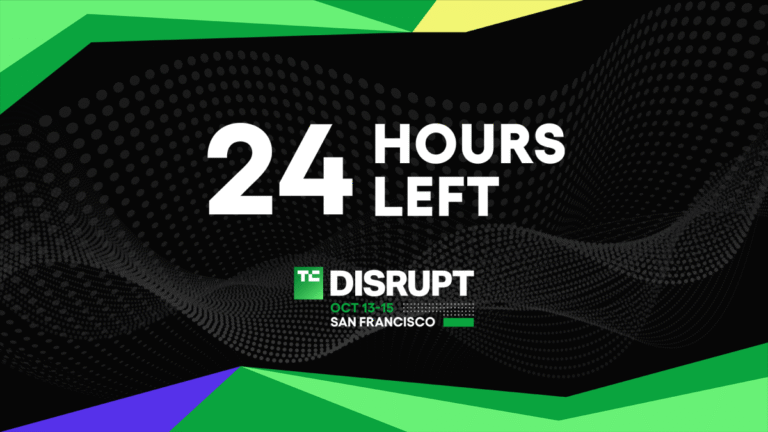 Black background with "24 hours left" in white, TechCrunch Disrupt logo, and event dates October 13-15, San Francisco.