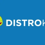 DistroKid logo featuring a green character with a red mouth on a blue background with the text "DistroKid".
