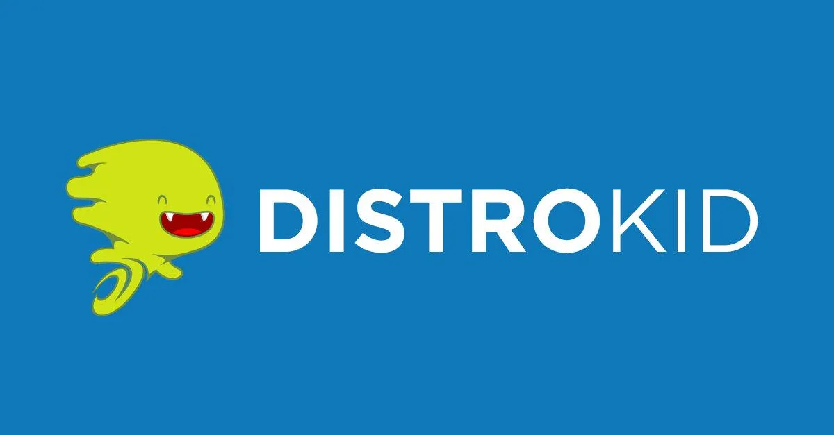 DistroKid logo featuring a green character with a red mouth on a blue background with the text "DistroKid".