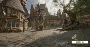 Charming cobblestone village with medieval architecture, string lights, a twisted tree, and a "DLSS 5 On" label in the cor...