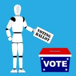 Robot holding a "voting ballot" next to a red and blue ballot box labeled "vote" on a blue background.